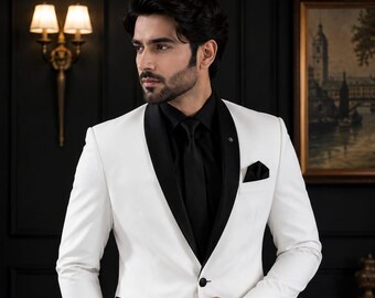 Men's White Tuxedo Suit, Black Shawl Lapel, 2-Piece Formal Evening Wear