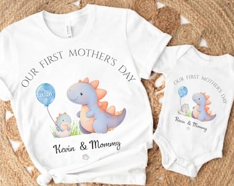 Camisetas de dinosaurios a juego para el primer Día de la Madre Conjunto personalizado para el primer Día de la Madre Camiseta y body de dinosaurios personalizados para mamá e hija Chaleco para bebé
