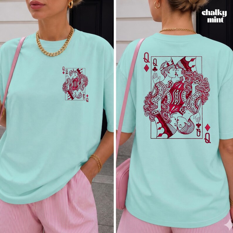 Lesbisk Pride Vintage-T-shirt Queer Estetiska Kläder Sapphic WLW T-shirt Subtil Lesbisk Pride-Gåva Retro Tarotstil Grafisk T-shirt Två Drottningar Chalky Mint