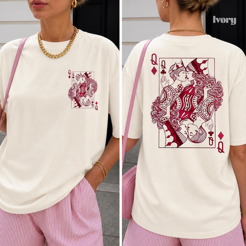 Lesbisk Pride Vintage-T-shirt Queer Estetiska Kläder Sapphic WLW T-shirt Subtil Lesbisk Pride-Gåva Retro Tarotstil Grafisk T-shirt Två Drottningar Ivory