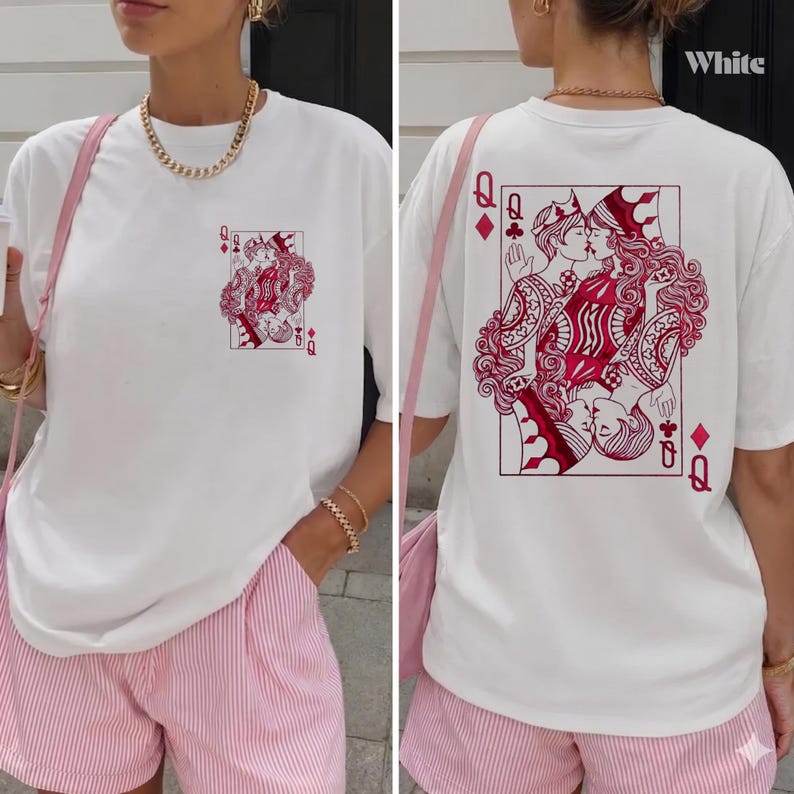 Lesbisk Pride Vintage-T-shirt Queer Estetiska Kläder Sapphic WLW T-shirt Subtil Lesbisk Pride-Gåva Retro Tarotstil Grafisk T-shirt Två Drottningar White
