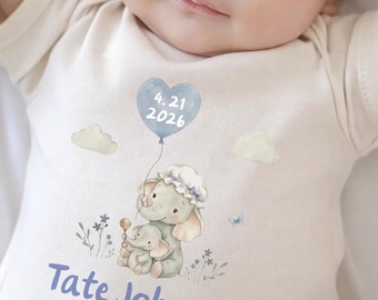 Completo personalizzato per neonato da ospedale con nome e data di nascita, body personalizzato con elefantino, completo per il rientro a casa, regalo per baby shower o per la rivelazione del sesso del bambino.