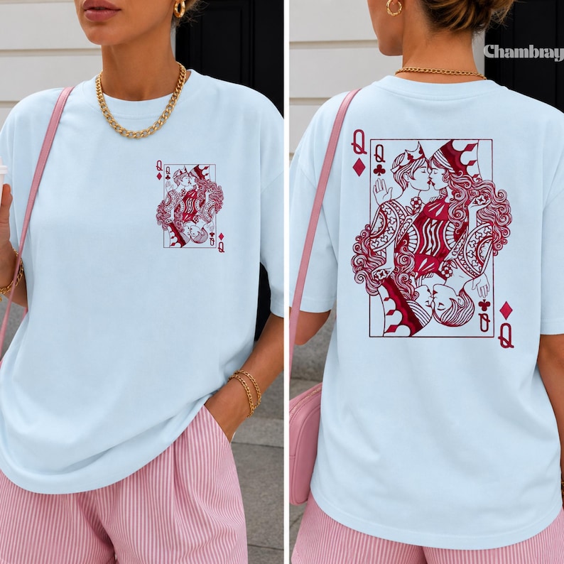 Lesbisk Pride Vintage-T-shirt Queer Estetiska Kläder Sapphic WLW T-shirt Subtil Lesbisk Pride-Gåva Retro Tarotstil Grafisk T-shirt Två Drottningar Chambray