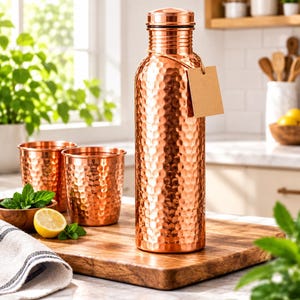 Puede incluir: Una botella de agua cilíndrica y alta de cobre con textura martillada y tapa de rosca a juego. Una pequeña etiqueta de papel beige rectangular y en blanco está atada al cuello de la botella con un cordel marrón fino. Dos vasos de cobre martillado.