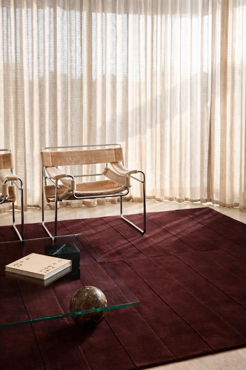 Handmade Deep Wine Wool Area Rug – Modern Minimalist Carpet for Living ...