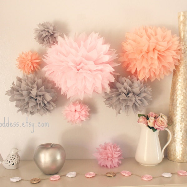 ON SALE Wedding Decor 5 Tissue  Poms - Girl Nursery Decor - Girl Birthday Decor-Bridal Shower-Engagement-Pink and Gray-Peach