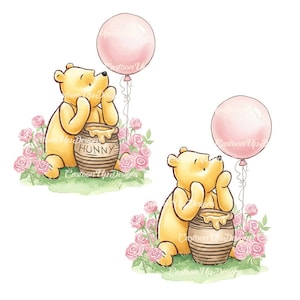 May include: A watercolour illustration of Winnie the Pooh with a pink balloon, a honey pot, and pink roses. The honey pot has the word "Hunny" on it. The image has a whimsical, storybook feel.
