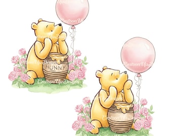 4 PNG Winnie the Pooh mit Ballon und Rosen PNG (Digitaler Download).