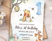 Winnie-the-Pooh First Birthday Invitation, Editable Canvas Template (6 x 8 inches). High Quality