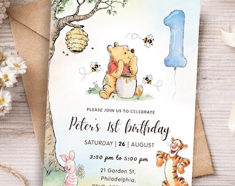 May include: A birthday invitation featuring Winnie the Pooh, Piglet, and Tigger. The invitation includes a blue number one balloon, a honey pot, and the text "Peter's 1st birthday". The invitation is on a white background.