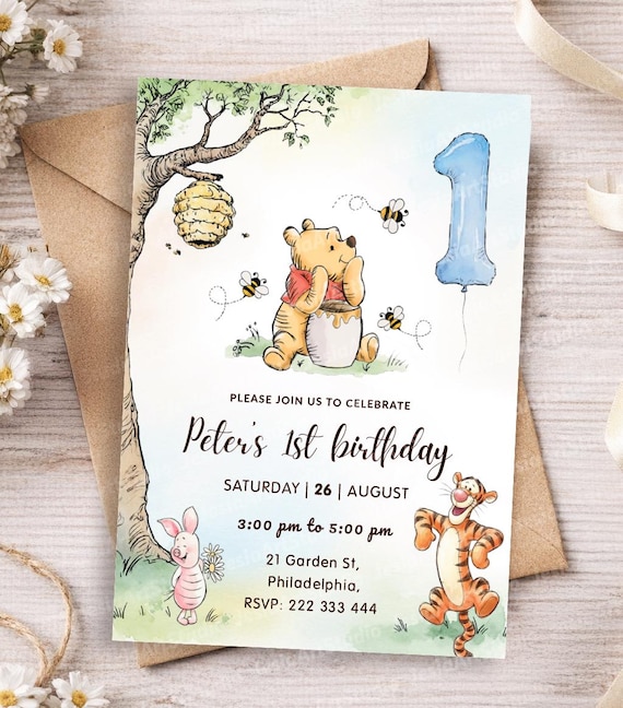 Winnie-the-Pooh First Birthday Invitation, Editable Canvas Template (6 x 8 inches). High Quality
