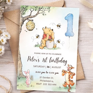 Einladung zum ersten Geburtstag mit Winnie Puuh, bearbeitbare Leinwandvorlage (15,2 x 20,3 cm). Hohe Qualität. Bild 5