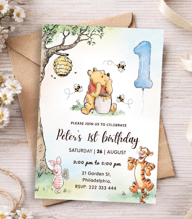 Einladung zum ersten Geburtstag mit Winnie Puuh, bearbeitbare Leinwandvorlage (15,2 x 20,3 cm). Hohe Qualität. Bild 5