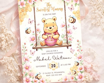 Bearbeitbare Einladungskarten für eine Babyparty im Winnie-Puuh-Stil – 2 Canva-Vorlagen. Enthält eine digitale Einladung und ein Willkommensschild.