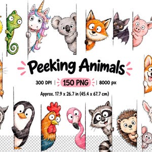 Puede incluir: Una colección de ilustraciones estilo acuarela con varios animales asomándose detrás de un borde vertical. El texto dice Peeking Animals, 300 DPI, 150 PNG, 8000 px y aprox. 45,4 x 67,7 cm. Los animales incluyen una oruga, camaleón, unicornio, koala, zorro, murciélago, cerdo, oveja, gato, búho, pingüino, gallo, flamenco, mapache, erizo, ratón, llama y corgi.