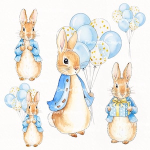 Puede incluir: Ilustraciones en acuarela de conejos con chaquetas azules sosteniendo globos y un regalo. Los globos son de color azul claro y blanco con lunares dorados. El texto "Cartoon Designs" es visible en la imagen.