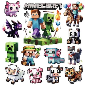 Könnte beinhalten: Eine Sammlung von Illustrationen von Minecraft-Charakteren. Enthält einen lila Drachen, einen grünen Creeper, einen Panda, einen Wolf, ein Schwein, eine Kuh, eine Katze und andere Charaktere. Das Minecraft-Logo befindet sich oben.