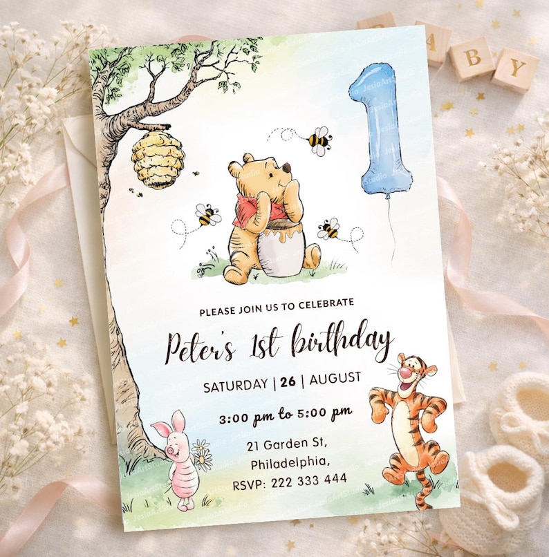 Einladung zum ersten Geburtstag mit Winnie Puuh, bearbeitbare Leinwandvorlage (15,2 x 20,3 cm). Hohe Qualität. Bild 2