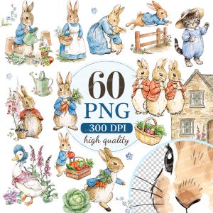 May include: A collection of watercolour illustrations featuring rabbits in blue jackets, a duck in a bonnet, and a kitten in overalls. The images include garden scenes with vegetables, baskets, and flowers. Text reads 60 PNG 300 DPI high quality.