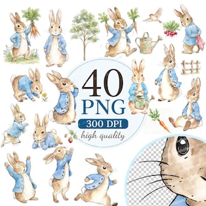May include: A collection of watercolour illustrations featuring rabbits in blue jackets, holding carrots and watering cans. The image includes the text "40 PNG 300 DPI high quality."