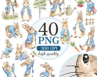 Peter Rabbit Clipart, Aquarell-Hase in blauer Jacke, Vintage-Kinderzimmerstil, 40 PNG-Dateien, transparenter Hintergrund, kommerzielle Nutzung.