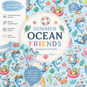 Może przedstawiać: Bezszwowy wzór z ilustracjami rekinów, delfinów i wielorybów, a także rozgwiazd i żółwi. Projekt zawiera tekst "Summer Ocean Friends" i nadaje się do tkanin, papieru i produktów dla dzieci.