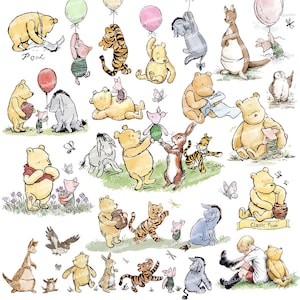 Op de afbeelding: Een verzameling aquarel illustraties met Winnie de Poeh en zijn vrienden. De afbeeldingen bevatten Poeh, Knorretje, Tijger, Iejoor, Konijn en Kanga, met ballonnen, vlinders en honingpotten. De stijl is grillig en doet denken aan klassieke kinderboekillustraties.