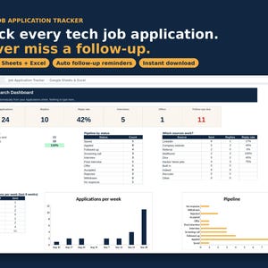 May include: A digital job search dashboard for Google Sheets and Excel titled Tech Job Application Tracker. The interface displays metrics including applications, replies, interview counts, and offer status with charts and tables.