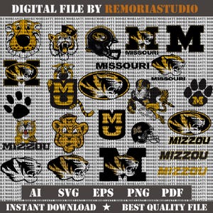 Puede incluir: Un archivo digital de REMORIASTUDIO con varios gráficos en negro y oro con el tema de los Missouri Tigers, incluyendo cabezas de tigre, cascos de fútbol americano, huellas, las letras M y MU, y etiquetas de texto MISSOURI, MIZZOU, AI, SVG, EPS, PNG y PDF.