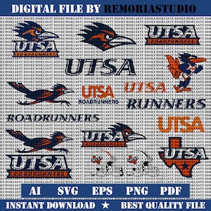 May include: A digital file collection featuring UTSA Roadrunners graphics, including logos, text, and mascot illustrations in orange, navy blue, and white. The designs include the UTSA acronym, the word Roadrunners, and a state of Texas shape.