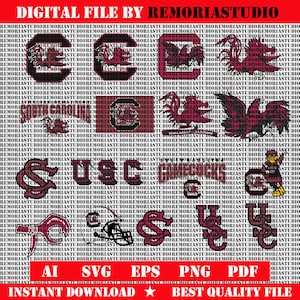 May include: A digital file collection featuring various maroon and black graphic designs including the letters SC, a gamecock mascot, a football helmet, and the text USC. The background is a repeating watermark pattern of the text REMORIASTUDIO.
