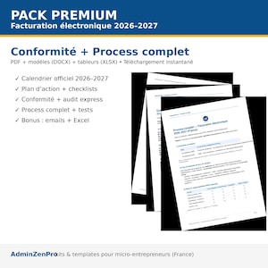 Op de afbeelding: Een document getiteld "PACK PREMIUM Facturation électronique 2026-2027" met een lijst met functies, waaronder een kalender, actieplan, audit, proces en bonus-e-mails. Het document is in PDF-, DOCX- en XLSX-formaten.