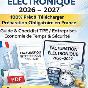 Könnte beinhalten: Werbebild für elektronische Rechnungssoftware mit dem Text "KIT FACTURATION ÉLECTRONIQUE 2026-2027". Das Bild zeigt ein Tablet, einen Taschenrechner, einen Wecker, Münzen und Dokumente, mit der französischen Flagge. Der PDF-Download ist verfügbar.
