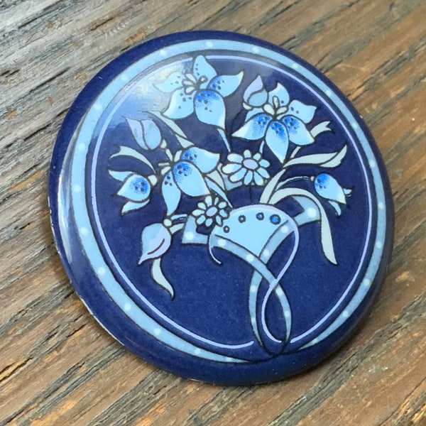 Vintage Michaela Frey Brooch Signed Designer round Blue Enamel Floral Flowers