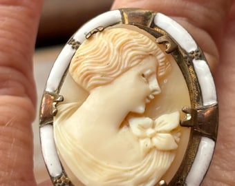 Large Art deco brass enamel cameo ring