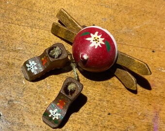 Adorable wood hat, skies, and boots souvenir brooch