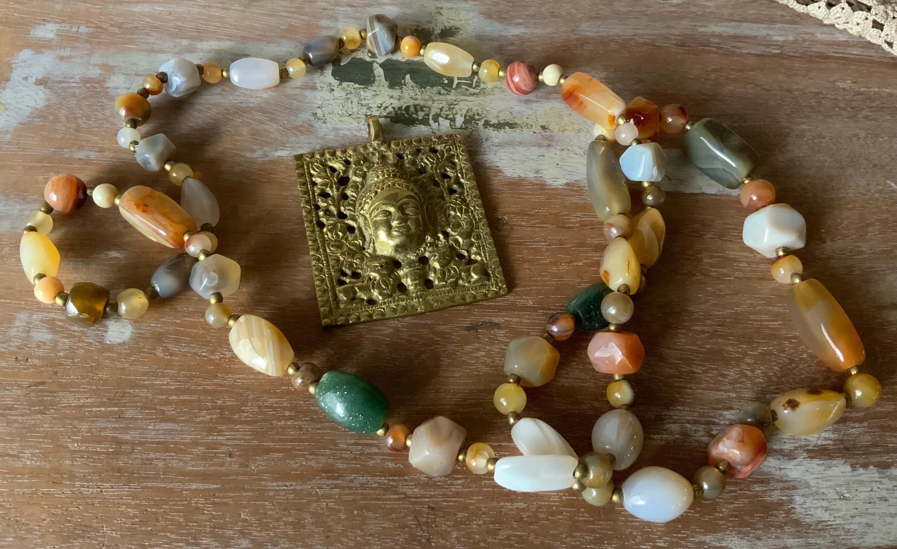 Vintage Polished Stone Necklace and Brass Buddha Pendant Etsy