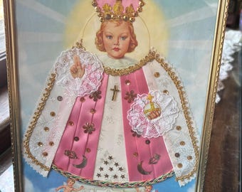 VINTAGE Infant Jesus Prague Picture Sequin Linen Lace Art Religious 8" x 10"