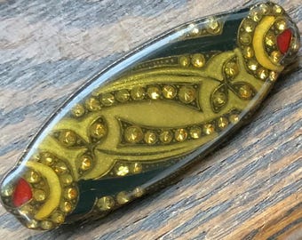 Antique Art Deco Brooch Black Gold Enamel Trombone Clasp Vtg Silver Rhinestones
