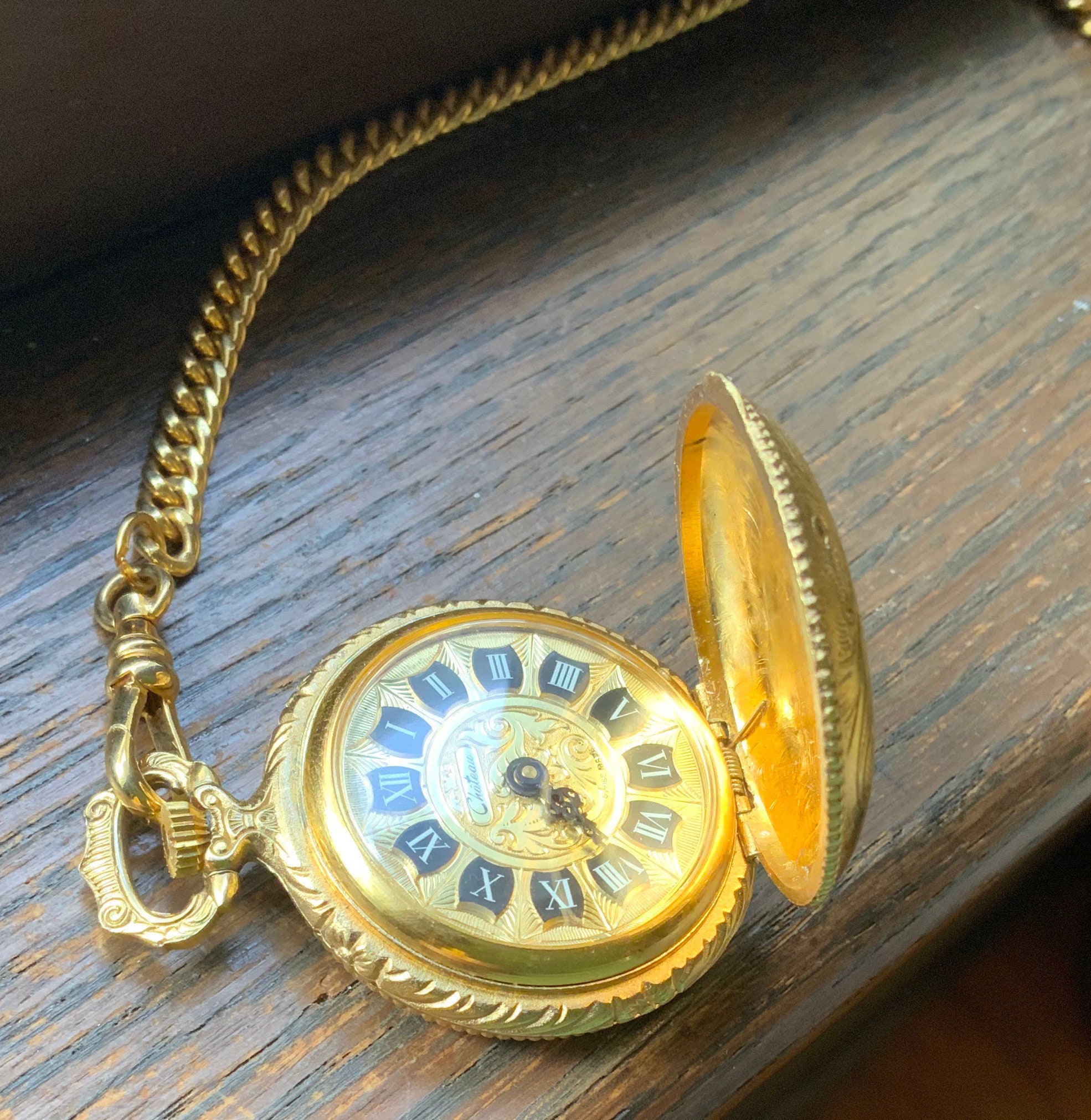 Vintage Chateau Pocket Watch Gold Tone Roman Number Pendant Necklace Etsy