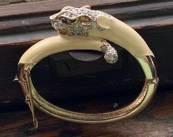 Vintage Panetta Black Enamel Panther Cuff Bracelet Gold-plated