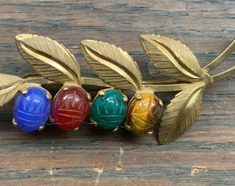 Signed gold filled semiprecious stones scarab brooch
