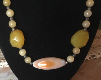 Jade, yellow agate, and natural stone necklace