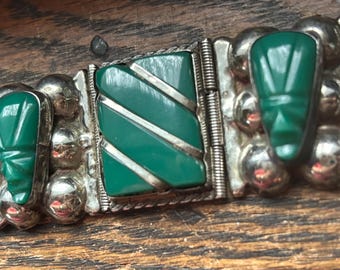 Vintage Mexican Green Onyx Link Bracelet Sterling Silver