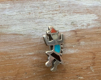 Native American sterling coral turquoise onyx mopearl dancer brooch