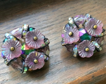 HOBE Signed Vintage  1950&#39;s Art Glass Crystal Cluster Earrings