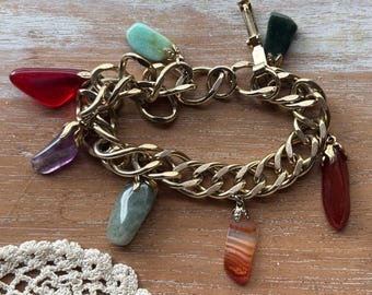 Thick vintage gold tone bracelet with colorful polished gemstones