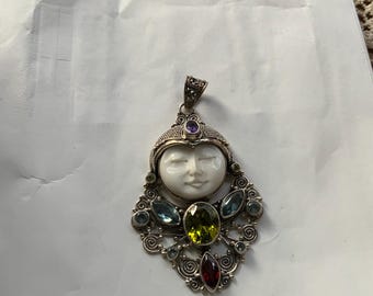 Indian designer Vivah Sterling Silver Carved Face Goddess & multi Gemstone Pendant