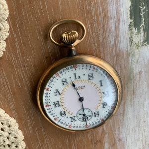 May include: A gold pocket watch with a white face and black hands. The watch has a 24-hour dial with the letters A, H, N, S, M, and P around the outside. The watch face also has the words "LS" and "ELGIN" printed on it.
