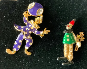 2 vintage enamel clown brooches